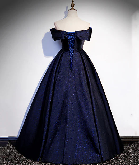 Luolandi Navy Blue Satin Off Shoulder Long Prom Dress A-line Formal Dress Evening Dress Elegant